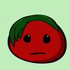 Emo Tomato. 2007. A simple cartoon tomato with green leaves formed into hair, with one lock hanging down past eye-length on one side, and a frowny face.