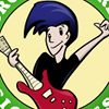 Logo for the Grow and Share Music Festival. 2009. A green circle with the text "Grow and Share Music Festival" and in the center and somewhat out of it, a boy with enormous blue-black hair and wearing a black t-shirt is smiling and looking about ready to dramatically strum the cherry-red electric guitar he is holding.